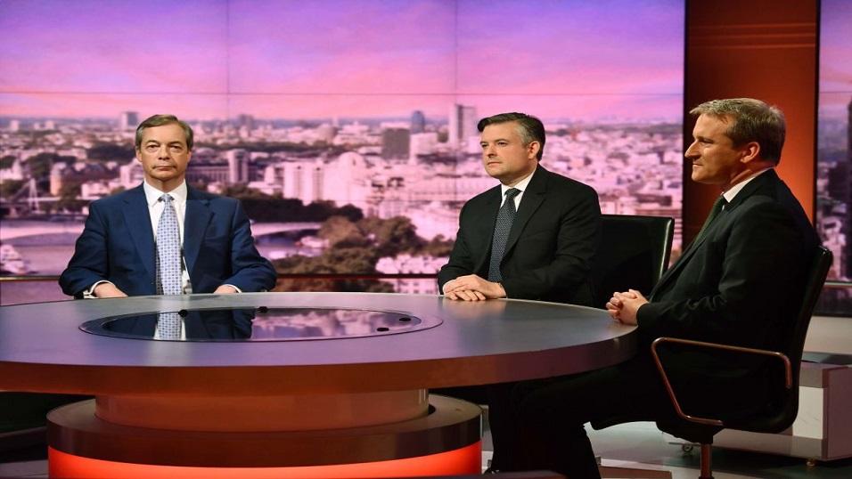 Nigel Farage with Jon Ashworth and Damien Hinds